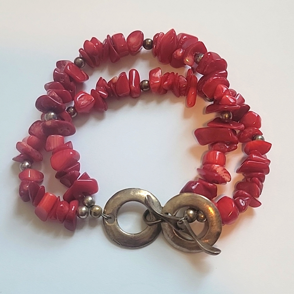 Two Strand Red Coral Rough Bead Bracelet with Silver Beads and Clasp